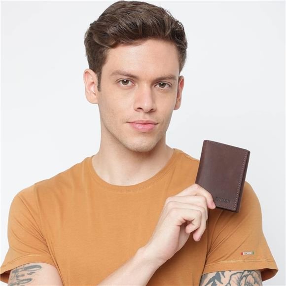 Men's RFID Slim Tri Fold Wallets Real Leather, Brown - Picture 7 of 7